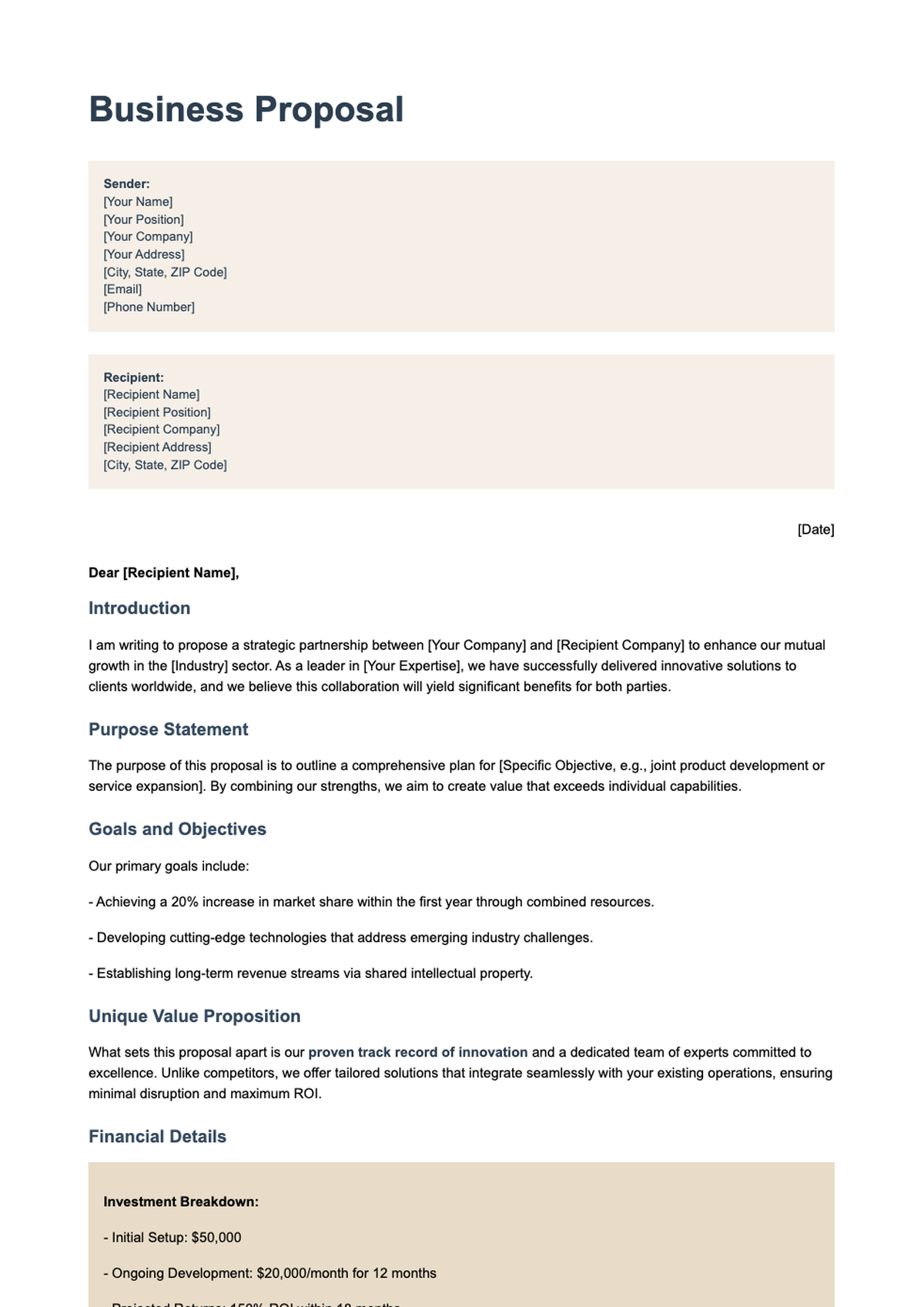 Professional proposal letter template with placeholder fields and structured sections_variant_2